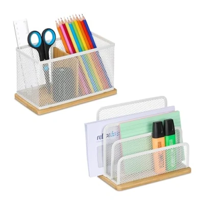 Image of Relaxdays Desk Organiser, Set with 2 Pieces, Letter Stand &amp; Pen Holder, for Office, Metal and Bamboo, White/Natural, 14.5 x 18 10 cm