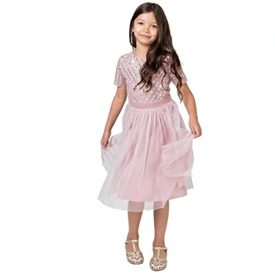 Image of Maya Deluxe Girl&#039;s Midi Dress for Wedding with Sequin Embellishment Short Sleeve Prom Birthday Party Bridesmaid, Frosted Pink, 3 4 Years