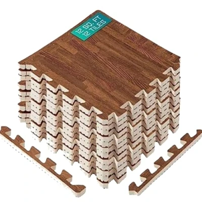 Image of Yes4All EWUN Interlocking Floor Mats with Border Foam Gym EVA Tiles (12 Square Feet Oak Wood Dark 12 Tiles)