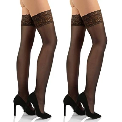 Image of Sesto Senso 2 Pack Women&#039;s Hold Ups Stockings Sexy Lace Top 15 Denier 3/4 M L Black