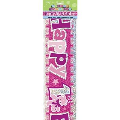 Image of Happy 1st Birthday Pink Prism Banner (3.6 Meter Long) 1 Piece Perfect for First Party Decorations