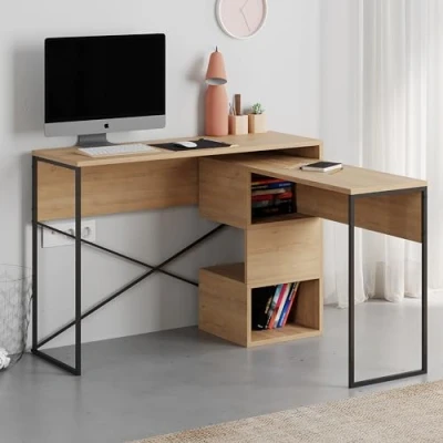 Image of HOCUS PICUS Modern L Shaped Desk Black Metal Legs Adjustable Extra Small Table Storage Shelves Industrial Versatile Design Study Office 3 Cube Open Shelf for Books Stuffs PC 110cm(W) (Oak)