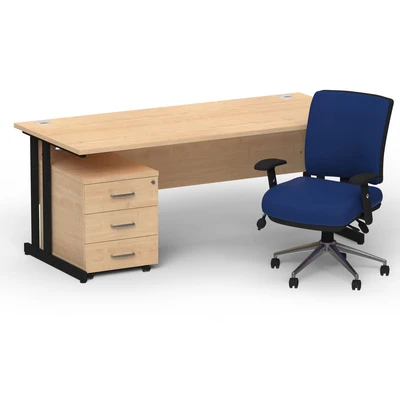 Image of Impulse 1800 Black Cant Desk Maple + 3 Dr Mobile Ped &amp; Chiro Blue