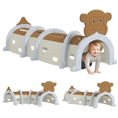 Image of AIYAPLAY Play Tunnel, Kids Tunnel for Crawl and Climb, Monkey Design Indoor Outdoor Baby Boys Girls 3 6 Years, Brown