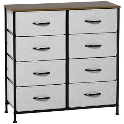 Image of HOMCOM Fabric Chest of Drawers, Storage Industrial Bedroom Dresser with 8 Steel Frame and Wooden Top for Nursery, Living Room, Hallway, Grey