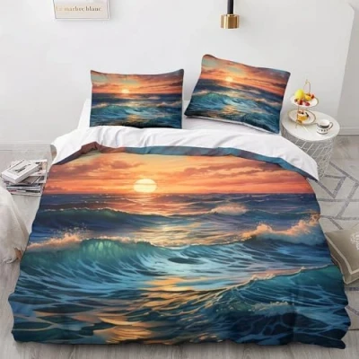 Image of GEEYOU Blue Sea Comfortable Bedding Set Hidden Zipper Wave Duvet Cover with Pillowcases Comforter Soft Microfiber Quilt Various Sizes King（220x240cm）