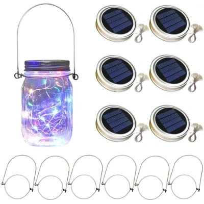 Image of YzoTek TecHong 6 x Solar Mason Jar Light Lids 30 LED Hanging Fairy Firefly String Lantern Cap, Outdoor Waterproof Patio Porch Garden Yard Balcony Lawn Wall Lighting Decor(No Included)