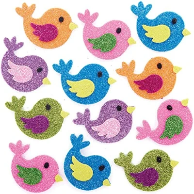 Image of Baker Ross FC716 Bird Glitter Stickers Pack of 100, Self Adhesive for Kids, Crafts Children