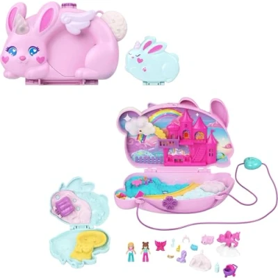 Image of Polly Pocket Wearable Travel Toy with 2 Micro Dolls and 12 Accessories Including Pets, in 1 Bunny Fun Compact Purse Playset Unicorn Theme, JFT88
