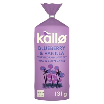 Image of Kallo Blueberry &amp; Vanilla Corn Rice Cakes, Wholegrain Low Fat Healthy Snacks for Adults Children, Vegan Friendly, Gluten Free, No Artificial Flavours or Preservatives, Single Pack 1 x 131g