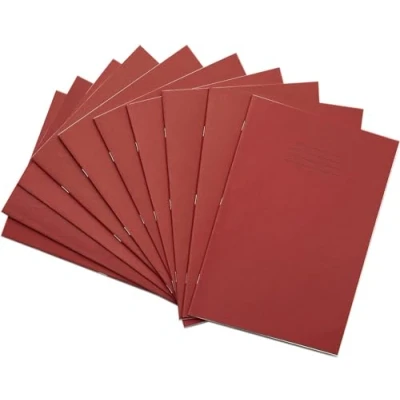 Image of Rhino A4 Exercise Books, 64 Page / 6mm Lined with Margin Paper Notebook, 10 Pack, Office &amp; School Stationery Supplies, Red