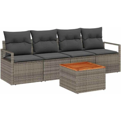 Image of vidaXL 5 Piece Garden Sofa Set with Cushions Grey Poly Rattan Acacia