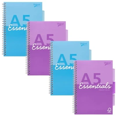 Image of Pukka Pad Essentials A5 Project Books Pack of 4 Assorted Blue &amp; Purple Notebooks with 200 Pages, 100 Sheets 60GSM FSC Paper, Perforation, and 3 Repositionable Dividers Side Twin Wire Binding