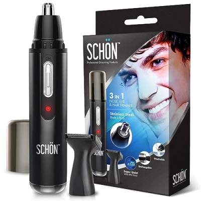 Image of SCHON Stainless Steel Rechargeable 3 in 1 Eyebrow, Ear, Facial, &amp; Nose Hair Trimmer/Clipper for Men&amp;Women Clippers, Flawless Remover, Male Beard Trimmers Kit, Grooming Groomer (Black)