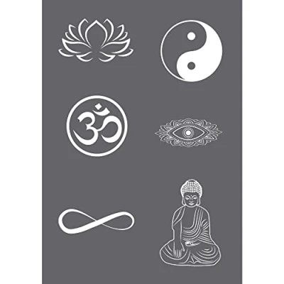 Image of Rayher 45136000 Set of Mask Stencil Squeegee for Paper Crafts, Card Making and Painting, Reusable Silk Screen Template with Buddha Yoga Themed Symbols, 14.8x21cm, colourless, A5