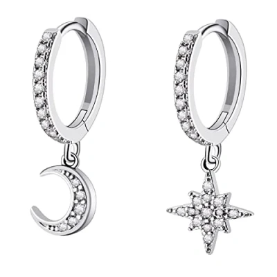 Image of 925 Sterling Silver Earrings Star Moon Dangle Womens Drop with 3A Cubic Zirconia Hoop Small Sleeper Hoops for Women Girls