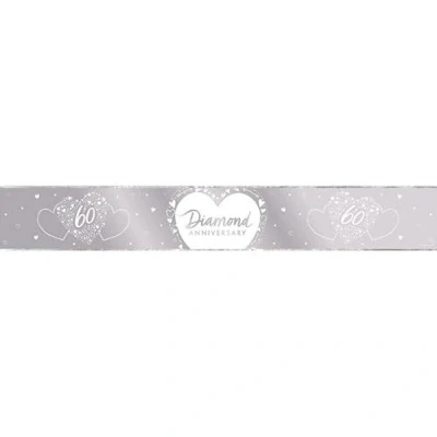 Image of Anniversary House Diamond 60th Foil Banner Silver and White Print Happy Party Decorations 9ft J057