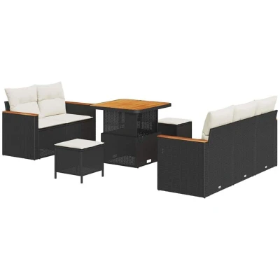 Image of vidaXL 8 Piece Garden Sofa Set with Cushions Black Poly Rattan Acacia