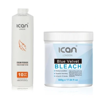 Image of ICAN LONDON Professional Cream Peroxide 10 Vol 3%, 1000 ml + Dust Free Velvet Blue Powder Bleach, 500 g Set