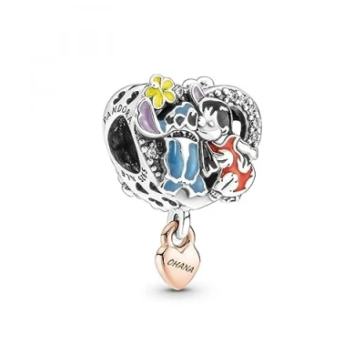 Image of Pandora Disney Lilo and Stitch sterling silver 14k rose gold plated charm with clear cubic zirconia, black, red, blue, yellow, pink purple e