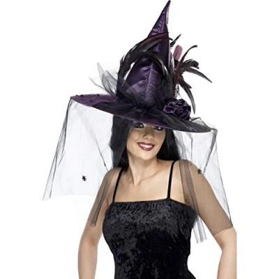 Image of Smiffys Witch Hat, Purple with Feathers &amp; Netting, Deluxe, Halloween Fancy Dress Accessory, Up Hats