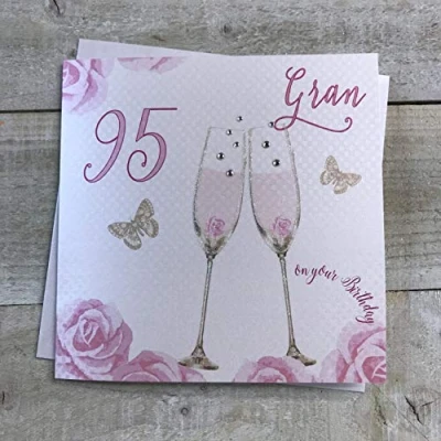Image of Happy 95th Birthday Card Gran Champagne Glasses Pink Roses by White Cotton Cards SS42 GRAN95
