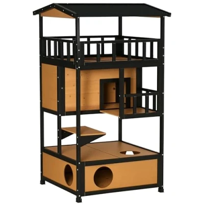 Image of PawHut Wooden Outdoor Cat House 3 Tier Kitten Shelter w/Tilted Roof Yellow