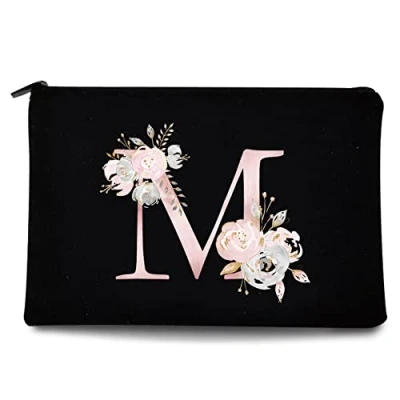 Image of 26 Letter Printed Zip Canvas Pouch Makeup Bag Make Up Bag, Cosmetic Travel Bag,Toiletry Bag,Organizer Bags,Toiletry Bags, Bride Bridesmaid Bag,Pencil Bag,Wash Bag,Coin Purse (Pink Flower M)