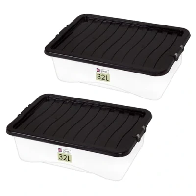 Image of Neat. Plastics 32L Storage Box, Clear Base, Black Lid Organise Easily with Plastic Box Lid, Ideal Boxes for Storage, Durable Lids Pack of 2