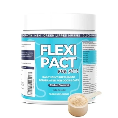 Image of Flexi Pact Joint Support Supplement For Dogs and Cats With Glucosamine, Green Lipped Mussel, Chondroitin, MSM, Curcumin, Vitamin C &amp; More All Breeds Sizes 150g Chicken Flavoured Powder