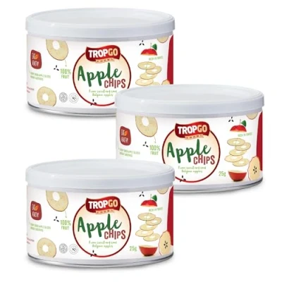 Image of Tropgo Belgium Apple Chips 100% Fruit Natural Healthy Snack Fresh Red Crisps 35gr Recyclable Tin lock seal (3 Pack, 2x and 1x Green)