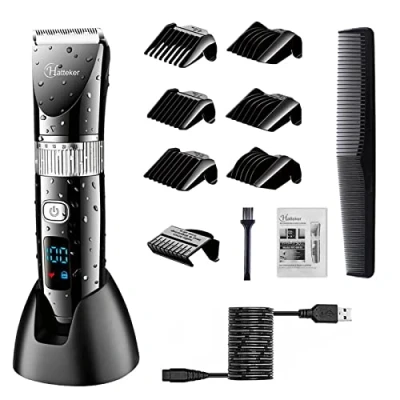 Image of Hatteker Professional Hair Clipper Cordless Clippers Trimmer Beard Shaver Electric Haircut Kit Ceramic Blade Waterproof Rechargeable Battery LED Display for Men and Family Use