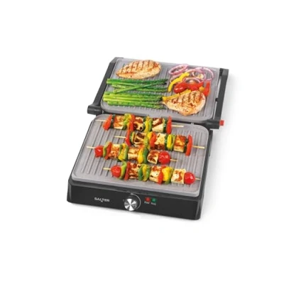 Image of Salter EK4076 Marblestone XL Health Grill Non Stick Panini Press, Electric Fold Out Sandwich Toaster, Large Maker, Adjustable Temperature Control, 180 Plates, Drip Tray, Black/Grey, 2200 W