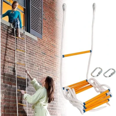Image of Fire Ladder 4 m with Carabiner, Rope Ladder, Fireproof Rescue Gloves for 2 Tier Homes, Reusable, Tear Resistant Windows and Balconies Poweka