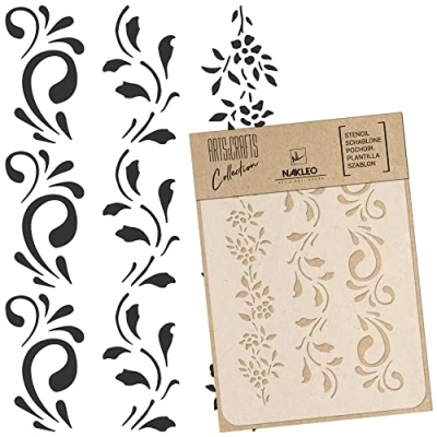 Image of NAKLEO Painting Stencil for Crafts A3 30x42cm, Border Flower Plant Pattern, Reusable Plastic DIY &amp; Scrapbooking Drawing Template, Decoupage Art Home Decor, Wall Wood Fabric Furniture
