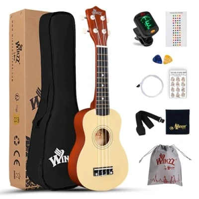 Image of Winzz Ukulele for Kids 21 inch, Soprano Adults Beginner, Children Starter Kit with 9 Accessories (Natural)