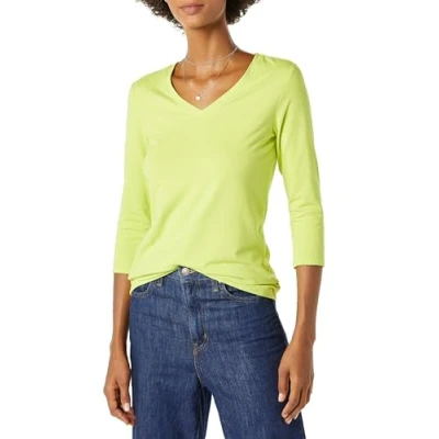 Image of Amazon Essentials Women&#039;s Classic Fit 3/4 Sleeve V Neck T Shirt (Available in Plus Size), Lime Green, XXL