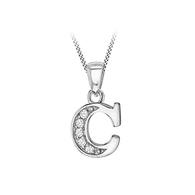 Image of Tuscany Silver Women&#039;s Sterling Rhodium Plated Initial &#039;C&#039; with Cubic Zirconia on Curb Chain of 46cm/18&#039;&#039;