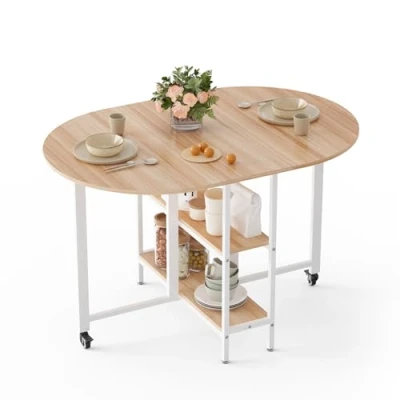 Image of Mondeer Mobile Folding Dining Table, Drop Leaf Table with 2 Open Storage Shelves, Round Edged Design, Small Spaces Room Kitchen, 120 x 80 75 cm, Oak and White