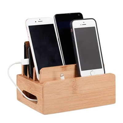 Image of Relaxdays Bamboo Docking Station, Desk Phone Stand for 6 Devices, Wooden Cable Box, HWD 9 x 17 13 cm, Natural