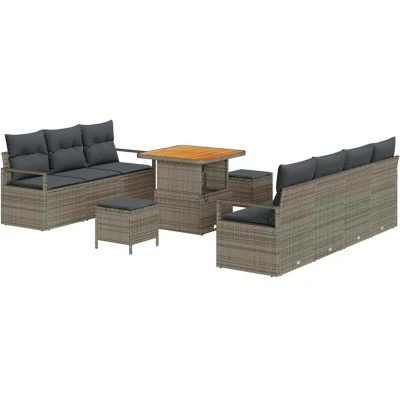 Image of vidaXL 10 Piece Garden Sofa Set with Cushions Grey Poly Rattan Acacia