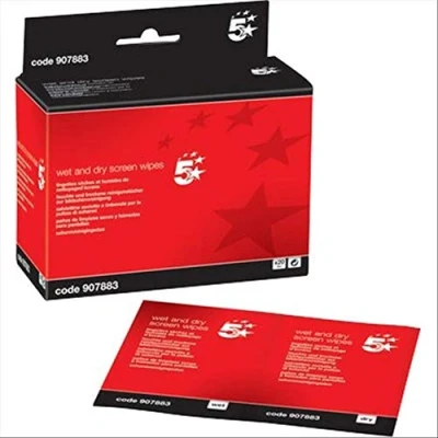 Image of 5 Star Screen Cleaning Duo Sachets Pairs of Wet and Dry Wipes [Pack 20x2], white