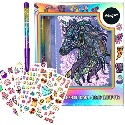 Image of Fringoo Glitter Notebooks Unicorn Mandala Book Notebook with Lock Writing A5 Journal Heart Padlock, Stickers and Liquid Pen