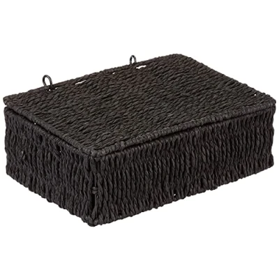 Image of Woodluv storage Boxes with lid, baskets Woven for shelves, Hamper Basket, Black, Small