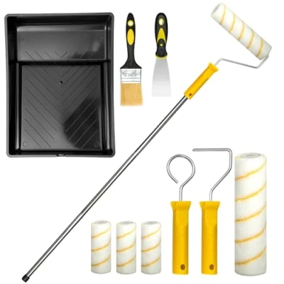 Image of GROWNEER 12 PCS Paint Roller Set 9 inch 3.9 Painting Rollers and Trays Sets for with Extension Pole Trim Ceiling Walls Doors