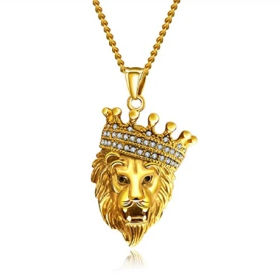 Image of MayiaHey Lion Pendant, Crown Necklace for Men, Norse Viking Head Jewelry, Hip Hop Roaring Charm Stainless Steel Punk Animal Pendant Boys