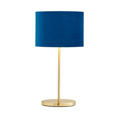 Image of LITECRAFT Table Lamp Stick Base with Blue Oval Velvet Shade Satin Brass