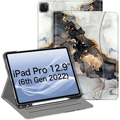 Image of FINTIE Case Compatible with iPad Pro 12.9 inch (2022/2021/2020/2018, 6th/5th/4th/3rd Generation), Multi Angle Smart Stand Cover w/Pencil Holder &amp; Pocket, Auto Sleep/Wake, Cloudy Marble