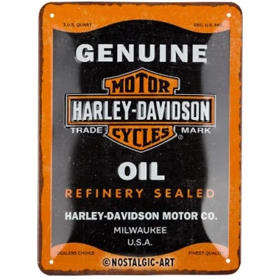 Image of Nostalgic Art Retro tin sign, 15 x 20 cm, Harley Davidson Genuine Oil Gift idea for bikers, made of metal, vintage design