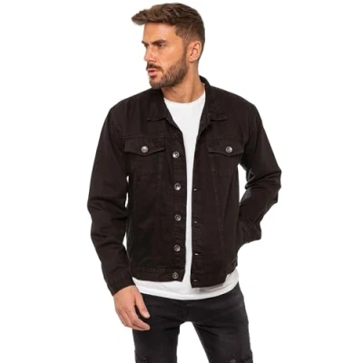 Image of 989Zé ENZO Mens Jacket Casual Classic Denim Regular Fit Western Style Trucker Coat EZJ391 BLACK S